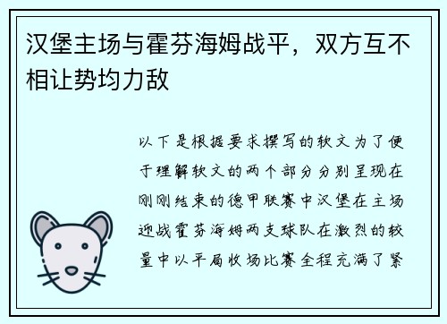汉堡主场与霍芬海姆战平，双方互不相让势均力敌