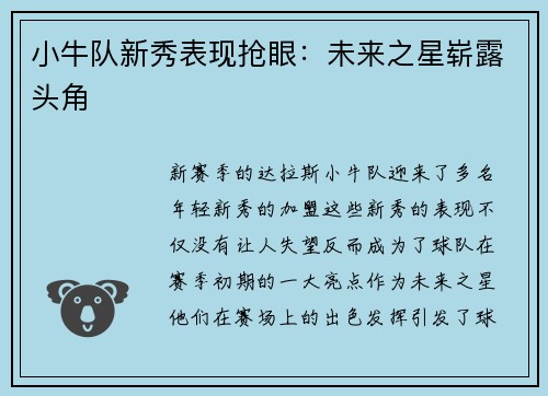 小牛队新秀表现抢眼：未来之星崭露头角