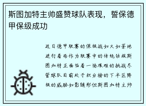 斯图加特主帅盛赞球队表现，誓保德甲保级成功